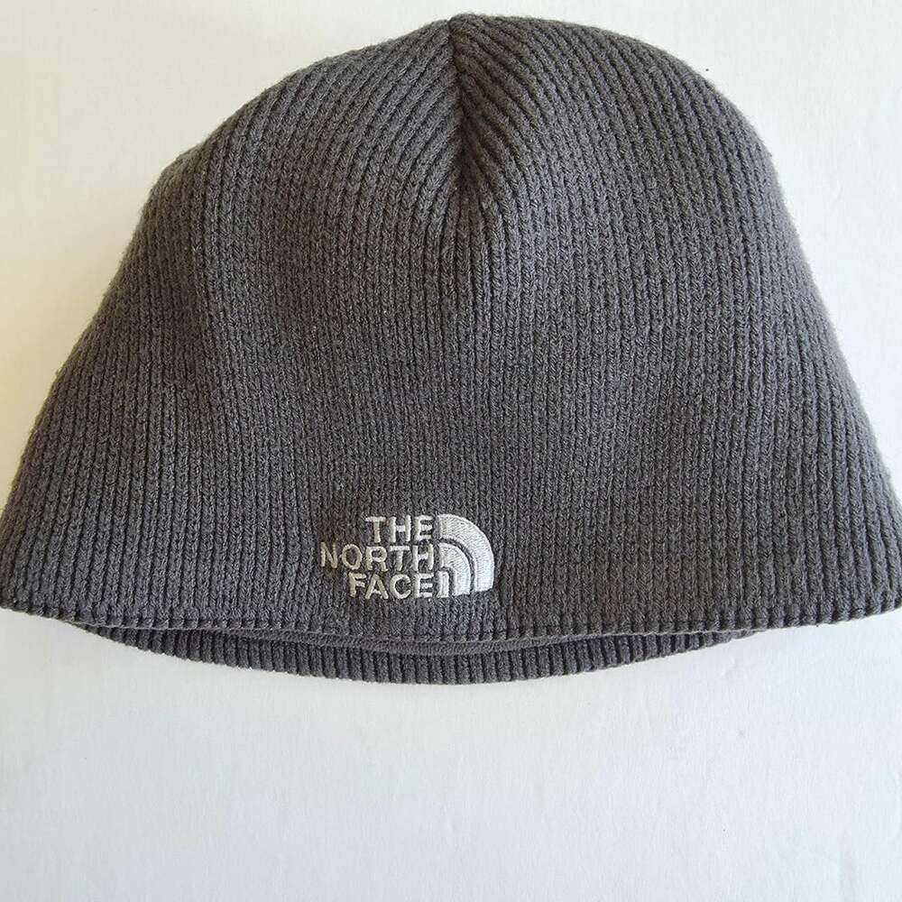 The North Face Ribbed Beanie Hat Gray Embroidered Logo